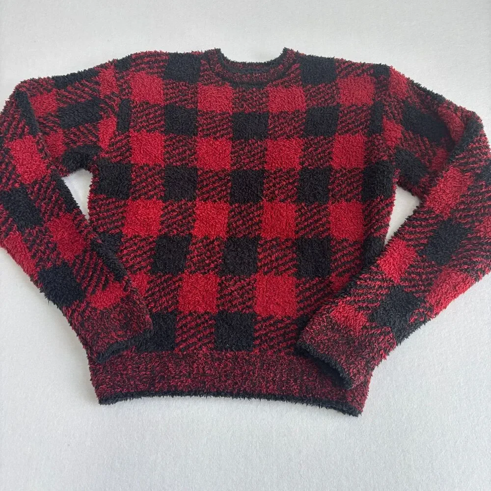 Skims Buffalo Plaid Pullover Women's S/M Red Black Check Cozy Soft Fuzzy NWT - Picture 2 of 8